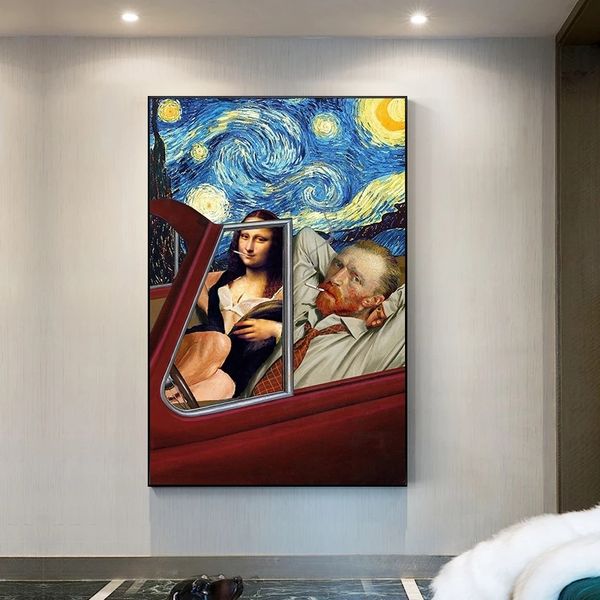 

funny mona lisa van gogh smoking in car canvas painting poster starry night wall art prints pictures for living room decor q1218