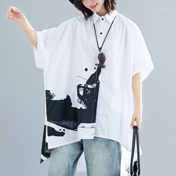 

blouse women large size summer literary printed short-sleeve slimming irregular short sleeve batwing sleeve women, White