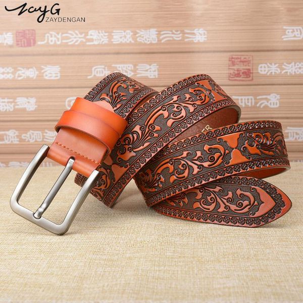 

zayg new carved vintage court pattern belt fashion designer genuine leather belts for men big name, Black;brown
