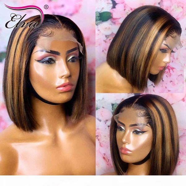 

elva 13x6 human bob wigs for black women pre plucked with baby ombre straight short lace front wig remy hair, Black;brown
