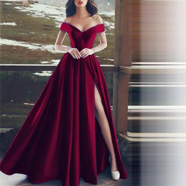 

party dresses elegant prom dress 2021 a-line satin off the shoulder high leg slit dubai saudi arabic long evening gown1, White;black