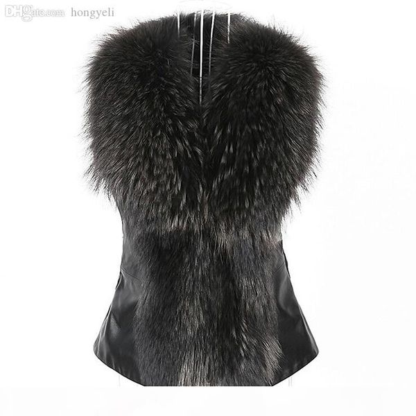 

wholesale-women faux fur leather vest outerwear coat jacket waistcoat fur collar gilet sale, Black