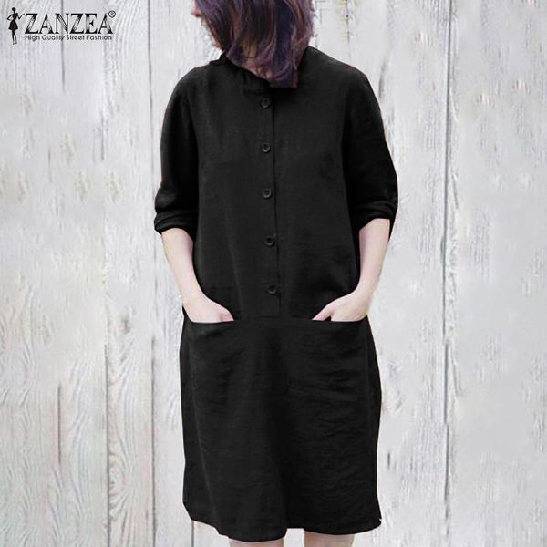 

womens autumn knee length dress casual cotton long sleeve vestidos female vintage robe femme zanzea o neck buttons dresses s-5xl, Black;gray