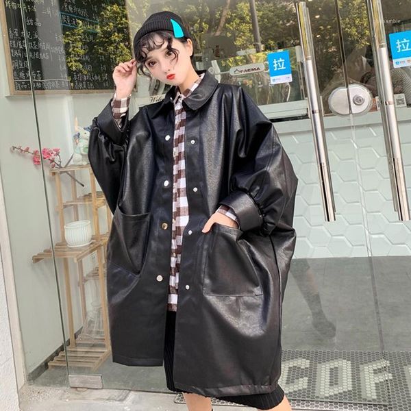 

women pu leather single breasted trench outwear loose fashion motorcycle coat1, Tan;black