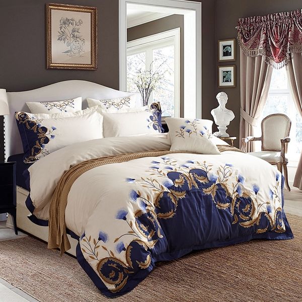 США король king queen размер шикарный вышитый белый синий роскошный постельное белье 60s египетская хлопчатобумажная кровать комплект одеяла наволочка 201120