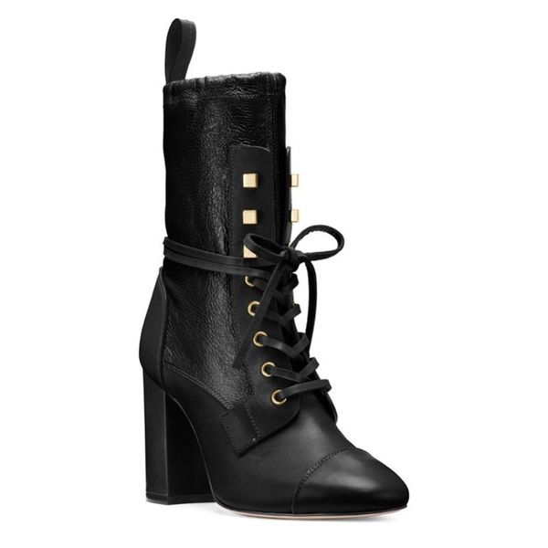 

boots women ankle soft leather thick high heel pointed winter autumn lace up motorcycle warm big size 45 46, Black