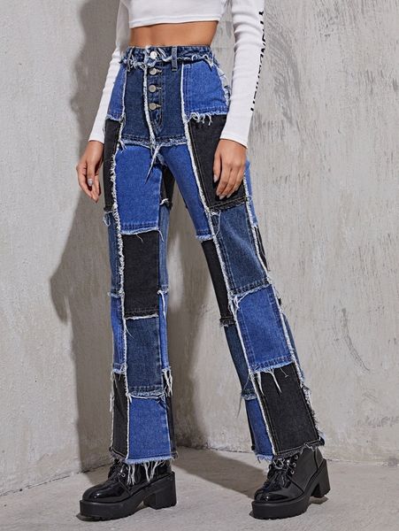 

high waist button fly spliced jeans f5il#, Blue
