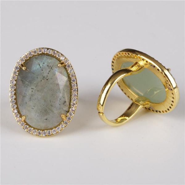 

oval cut faceted dim grey moonstone labardorite stone bead charm pave white cz rim cycle open finger ring cuff for women, Slivery;golden