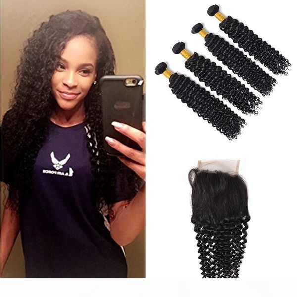 

lace closure with bundles virgin brazilian hair wefts 4pcs kinky curly hair weaves natural color 7a unprocessed kinky curly with closure, Black;brown