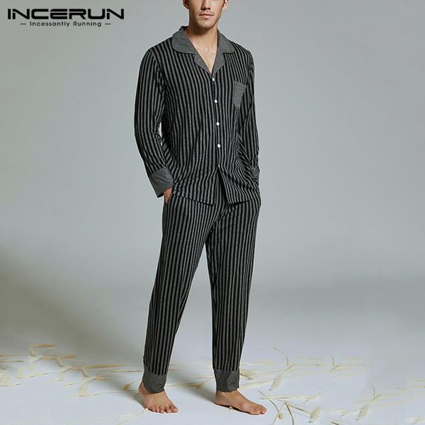 

2020 men striped pajamas set homewear long sleeve lapel nightwear cozy pants autumn fashion men sleepwear suits incerun s-5xl, Black;brown