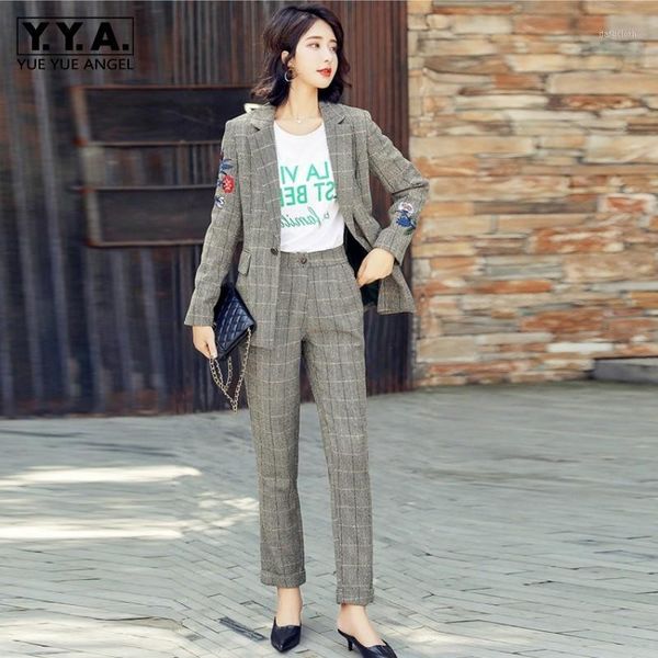 

vintage embroidery floral slim blazer suits autumn elegant plaid pencil pants formal jacket office two pieces set women1, White;black