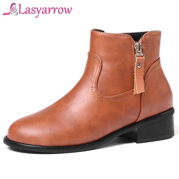 

lasyarrow 2020 women boots autumn winter boots classic zipper ankle winter pu leather plus plush women shoes j113, Black