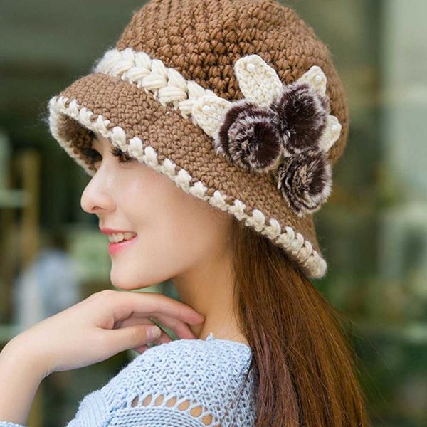 

2020 fashion winter skullies women lady winter warm crochet windproof anti-uv knitted flowers decorated women ears hat #j2p, Blue;gray