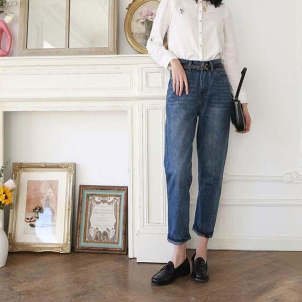 

women's jeans asymmetrically cut vintage straight nine-point woman pants, Blue