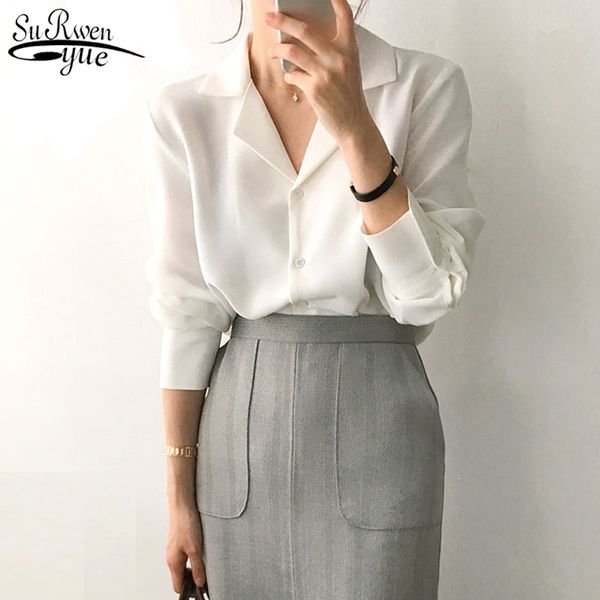 

summer korean long sleeve women clothing v-neck office shirt solid chiffon blouse womens and blouses 9380 50 y200828, White