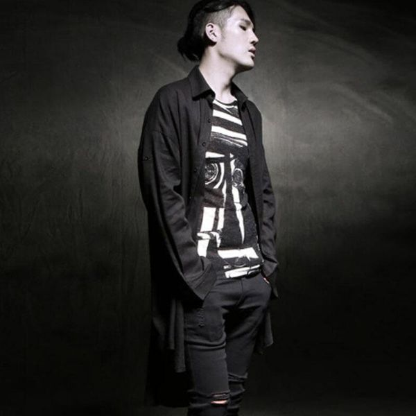 

men's casual shirts men long shirt black white punk hip hop cloak blouse nightclub dj singer hiphop stage costume cape clothes 2021, White;black