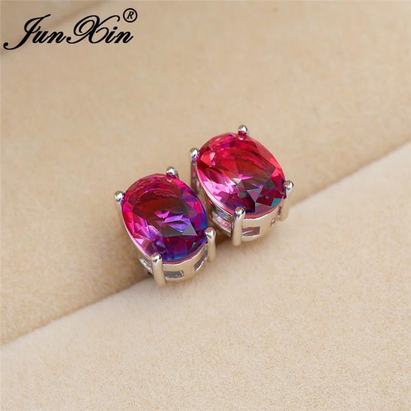 

stud charm rose red blue stone mystic rainbow fire crystal double earring white gold colorful zircon oval earrings for women cz, Golden;silver