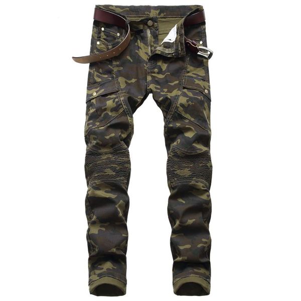 

fashion men's stretch camouflage biker casual denim trousers slim multi pocket cargo pants hip hop jogger jeans pants, Blue