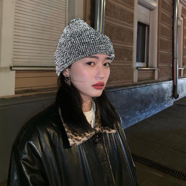 

beanies women men reflective knitted beanie hat winter warm night running cycling high visibility safety harajuku hip hop cuffed cap