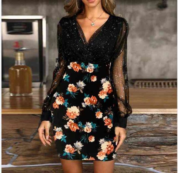 

elegant women v-neck sequin party dress spring mesh long sleeve irregular mini dress autumn patchwork shiny a-line dresses, Black;gray