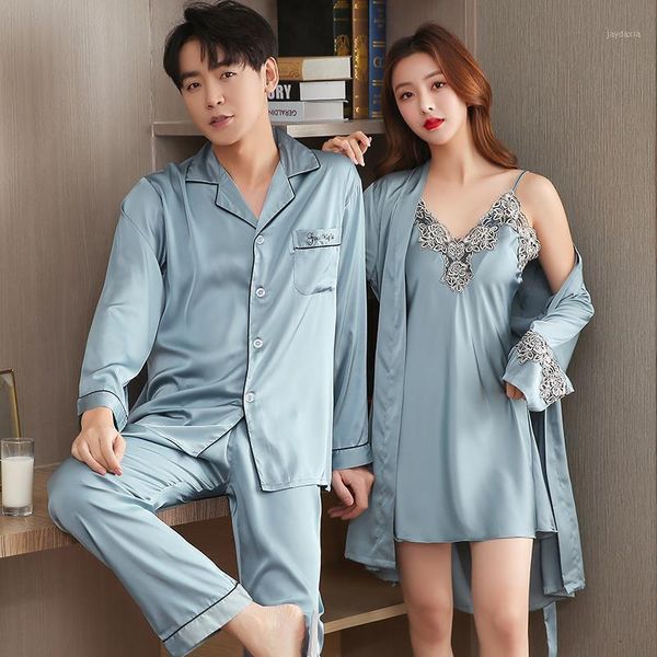 

silk pijama unit men spring autumn pajamas set satin lounge pants long sleeve shirt lovers couples sleepwear male night wear1, Black;brown