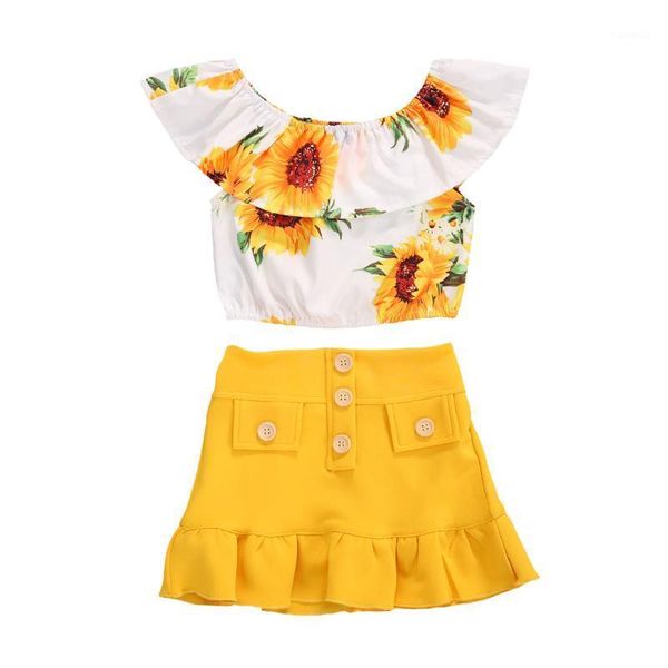 

clothing sets infant girls outfit summer fashionable sunflower printing flouncing sleeveless round collar + solid short skirt set1, White