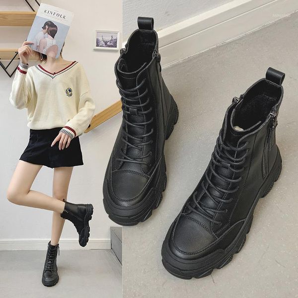 

boots women's leather autumn winter 2021 korean plush warm middle sleeve british style thick soled motorcycle1, Black