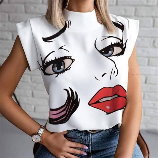 

2020 new fashion women summer short sleeve pullover t shirt female personality print stand collar blouses outfits clubwear, White