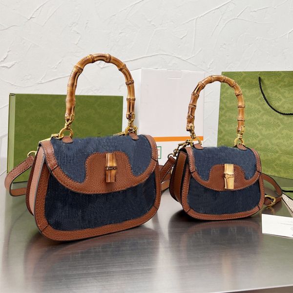 Denim Bambus Griff Handtasche Schulter Sling Bag Umhängetaschen Leder Buchstaben Geldbörse Frauen Dunkelblau Handtaschen Clutch Tasche