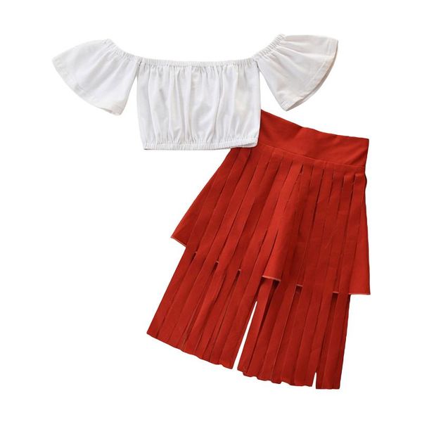 

2-6years girls casual two-piece clothes set, white solid color short sleeve boat neck + red skirt