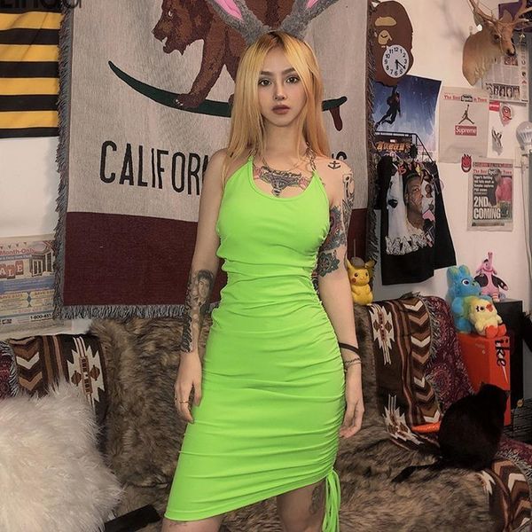 

yoga outfits sisterlinda neon green bow lace up dress women hanging neck backless stretchy bodycon mini drawstring hip package vestidos, White;red