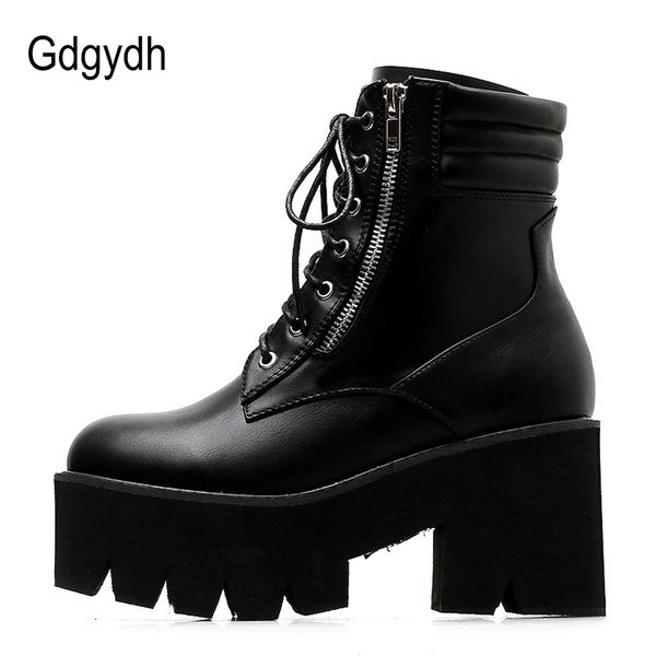 

gdgydh wholesale autumn ankle boots for women motorcycle boots chunky heels casual lacing round toe platform boots shoes female 201123, Black