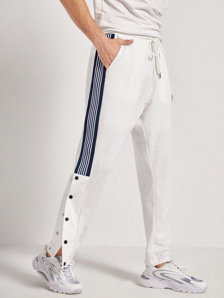 

men tie waist side stripe button sweatpants l9wp#, Black
