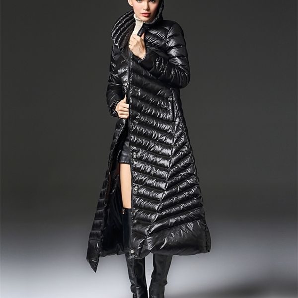 

down jacket long paragraph women large size thickening warm pure color temperament white duck down lj201215, Black