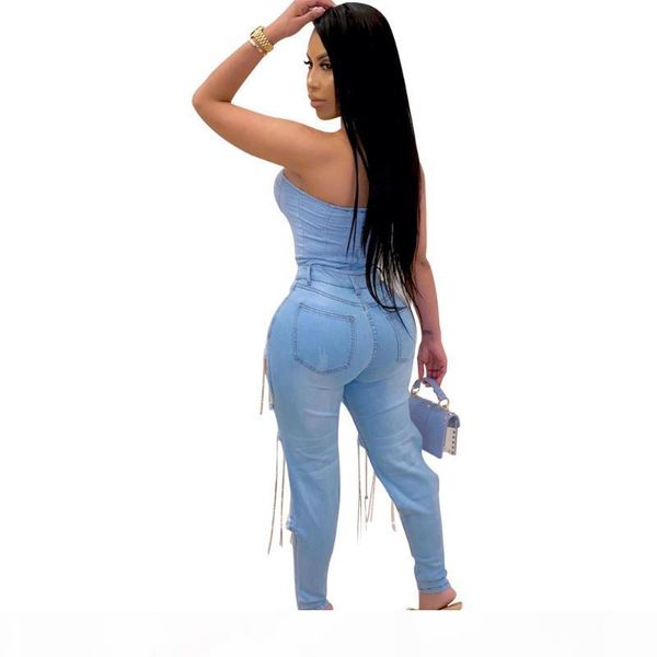 

hhdmv summer women 2020 fashion reduction of age hip hop style long pants buttons high waist broken hole long pants, Blue