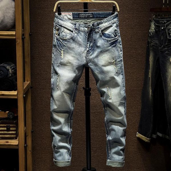 

italian style fashion men jeans slim fit light blue destroyed ripped denim pants streetwear designer hip hop kg-29
