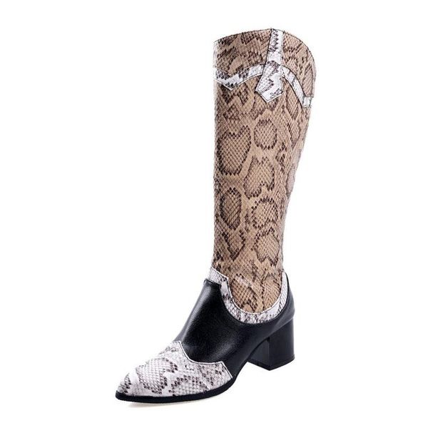 

fanyuan boots snakeskin knee high boots pointed toe zipper square heels shoes winter warm long women footwear size 32-43, Black