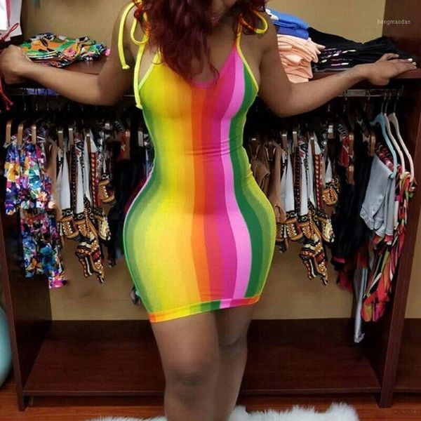 

summer womens dress casual sleeveless slim rainbow female summer beach mini dress holiday strappy sundresses outfits#y41, Black;gray