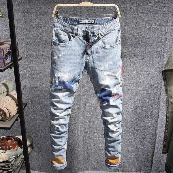 

newly fashion streetwear men jeans light blue slim fit printed designer jeans men elastic denim pencil pants hip hop homme1