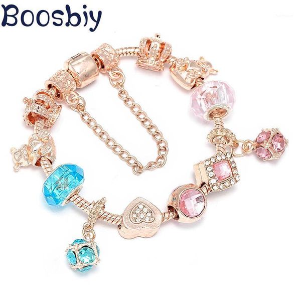 

boosbiy handmade rose gold charm bracelet for women diy pink & blue crystal beads charm bracelet fit brand pulseira1, Golden;silver