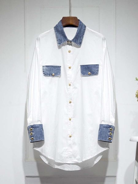 

mid long hong kong style shirt women's 2020 winter new personalized splicing denim versatile solid color top, White