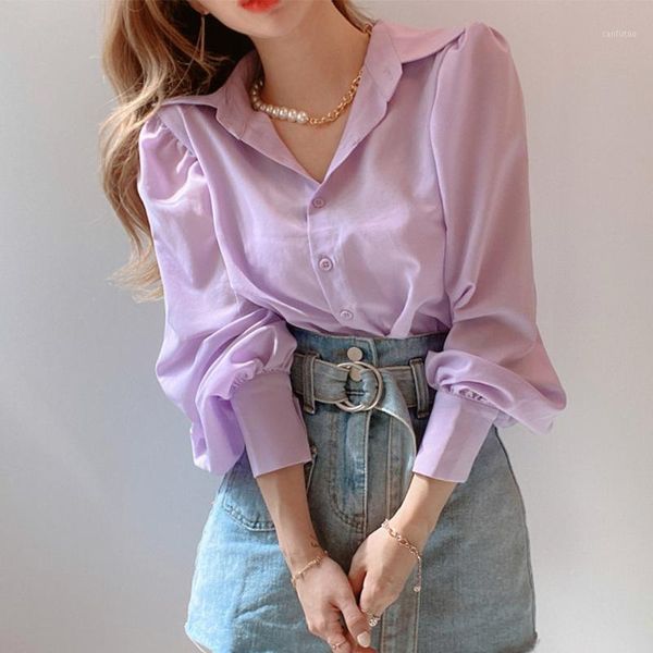 

south korea chic autumn and western style lapel single-breasted loose casual all-match lantern sleeve shirt shirt women gx13431, White