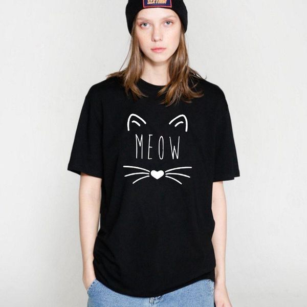 

2019 european and american women's wear summer meow print short-sleeved tee shirt femme1, White