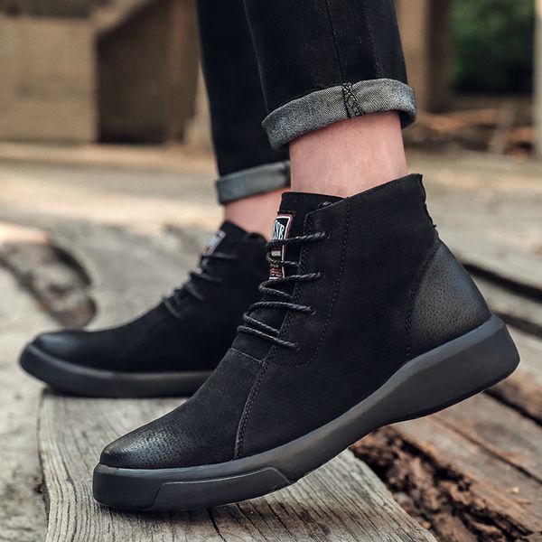 

fashion brand men ankle boots lace up quality cow suede leather men's shoes lace-up oxford formal, Black