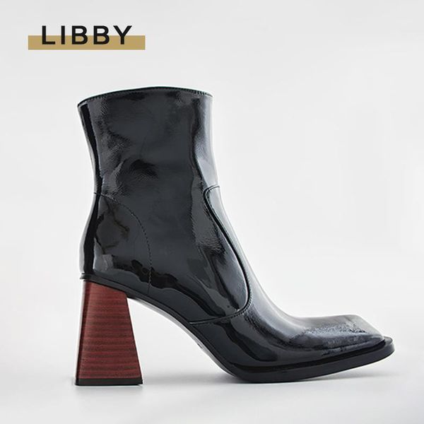 

patent leather chunky high heel boots square toe 2020 designer black fur shoes winter women warm short zip boots female1