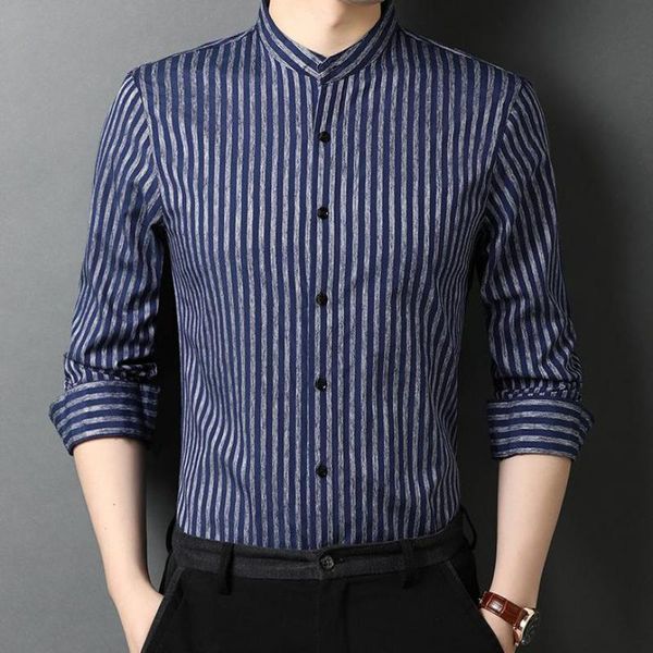 

big size fashion husband button up chinese collar shirts for mens striped shirts blue social korean style regular fit clothing, White;black