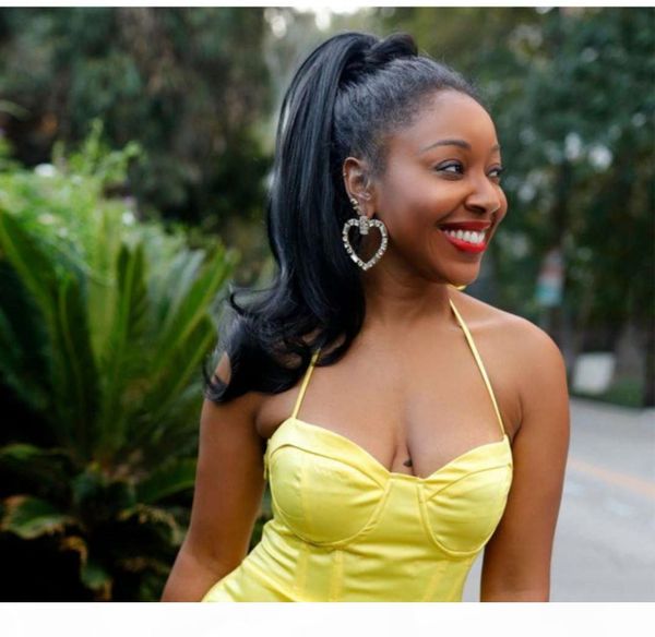 

100 human hair weave black ponytail for black women relaxed wavy curly black hair ponytail puff high horsetail 140g