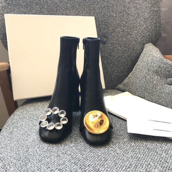 

shoes women genuine cow leather super heels boots round toe calf boots metal decoration zapatos de mujer1, Black