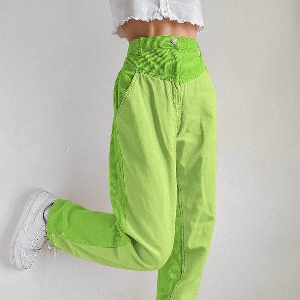 

women's straight-leg casual trousers capris spring/autumn fashion street corduroy stitching trend high-waist straight-leg pants, Black;white