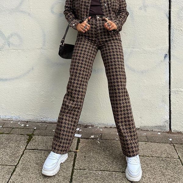 

winter houndstooth print vintage pants women plaid high waisted long trousers fashion skinny pants capris autumn 20201, Black;white